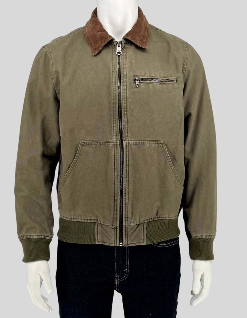 Authentic screen-worn Levi's olive canvas bomber jacket featuring brown corduroy collar, chest zip pocket, front pockets, and ribbed cuffs and hem.