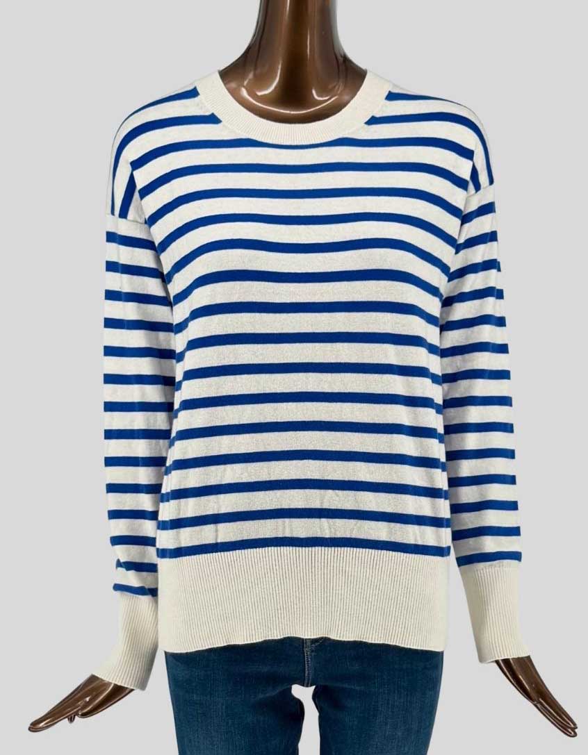 Authentic screen-worn Denver Hayes cream and blue Breton stripe crewneck sweater featuring ribbed neckline, cuffs and hem.