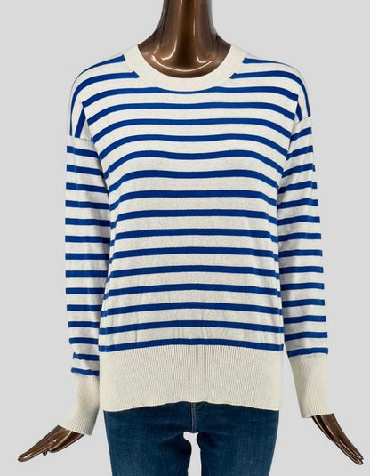 Authentic screen-worn Denver Hayes cream and blue Breton stripe crewneck sweater featuring ribbed neckline, cuffs and hem.