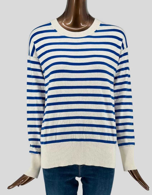 Authentic screen-worn Denver Hayes cream and blue Breton stripe crewneck sweater featuring ribbed neckline, cuffs and hem.