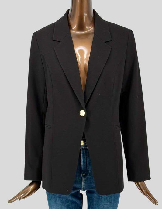 Authentic screen-worn Melanie Lyne black tailored blazer featuring notch lapels, gold-tone button closure, triple button cuffs, and gold chain back detail.