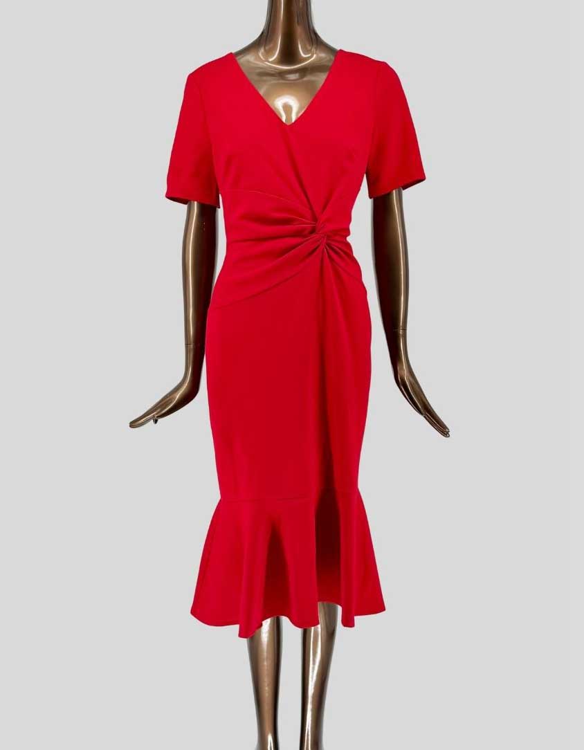 Authentic screen-worn London Times red midi dress featuring a twist-front detail at the waist. Short-sleeve design with V-neckline and flounce hem.