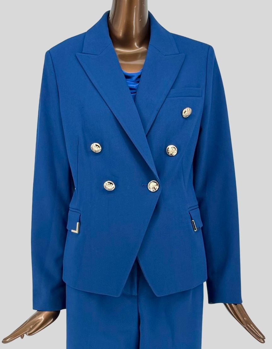 Authentic screen-worn Melanie Lyne royal blue suit featuring a double-breasted blazer with gold-tone buttons and wide-leg trousers.