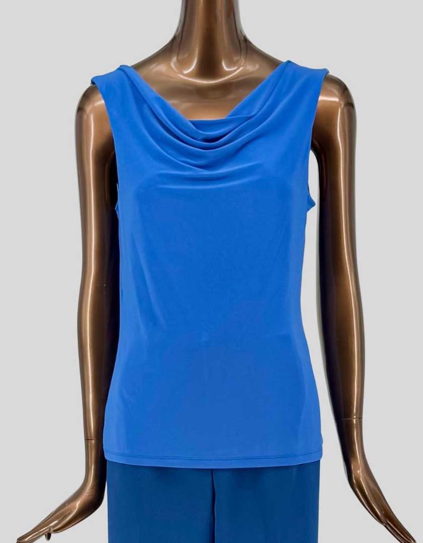 Authentic screen-worn Melanie Lyne vibrant blue sleeveless top featuring an elegant draped cowl neckline. Crafted in comfortable stretch jersey fabric 