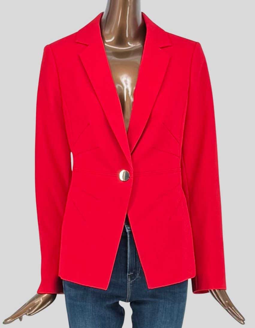 Authentic screen-worn LAURA vibrant red single-button blazer featuring a classic tailored fit with notched lapels. Silver-tone button closure and subtle flare cuffs. 
