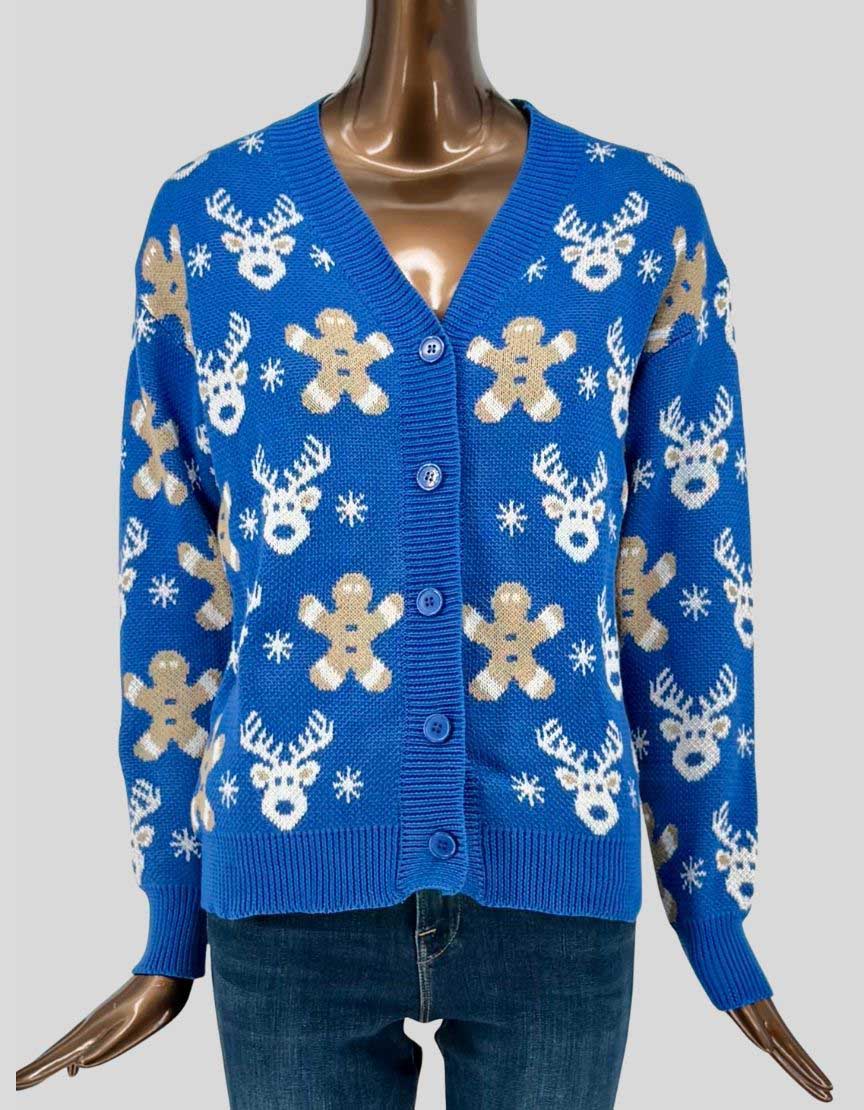Authentic screen-worn SHEIN blue holiday cardigan featuring festive reindeer and gingerbread cookie pattern with snowflakes. V-neck button-front design with ribbed trim at cuffs and hem