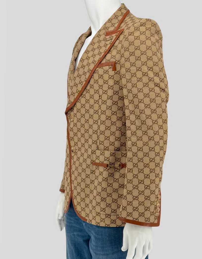 GUCCI GG Canvas Monogram Blazer with Leather Trim - 48 IT | 38 US
