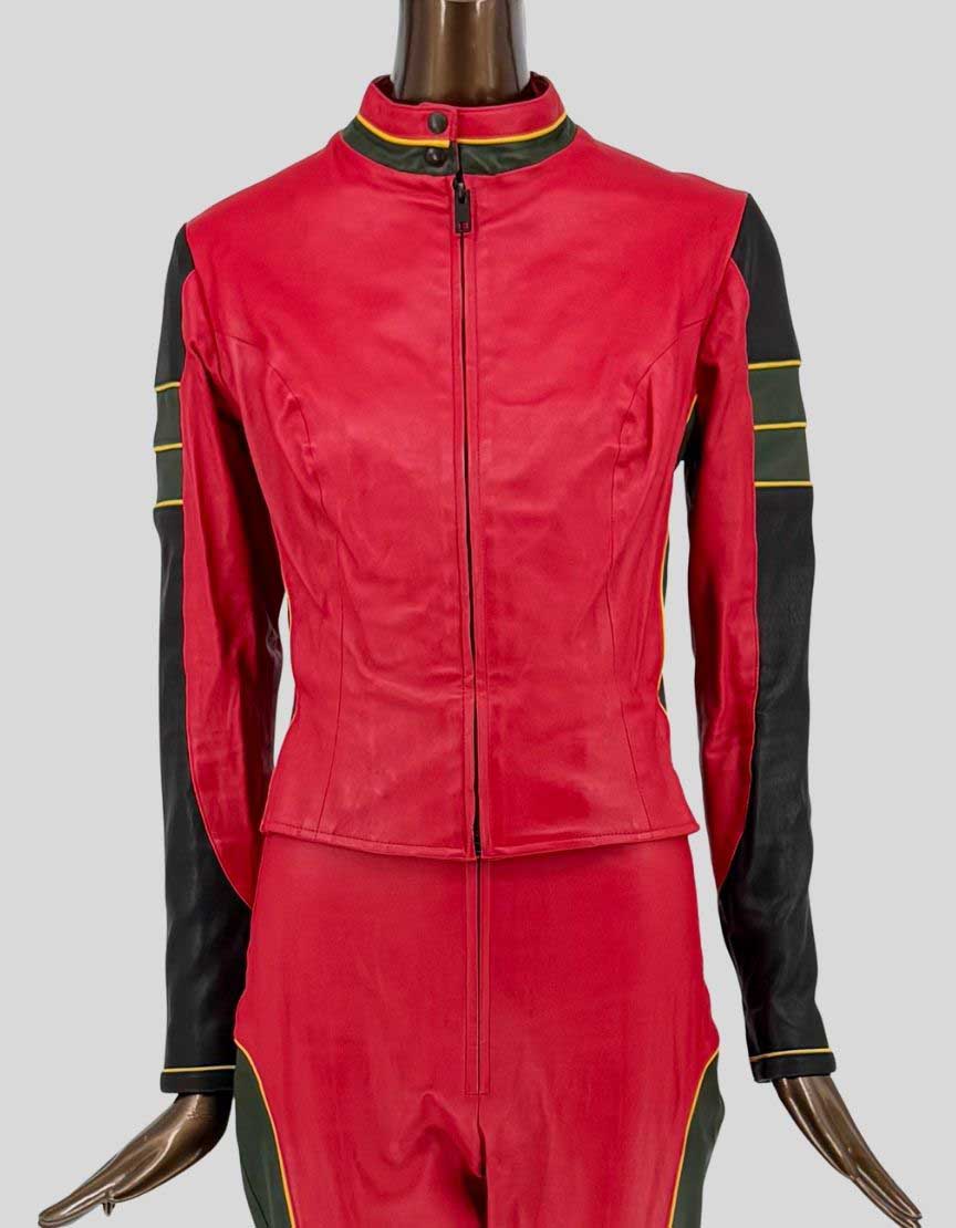 Authentic JONATHAN A. LOGAN custom-made red leather moto jacket featuring black leather sleeves with yellow piping stripes, fitted silhouette with princess seaming, stand collar with snap closures, center front zipper, and fully lined with mesh athletic fabric.