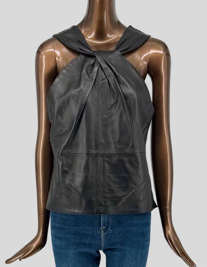 Authentic Antonio Melani leather halter top in black. Features twisted halter neckline with sophisticated draping, premium leather construction, and fully lined.