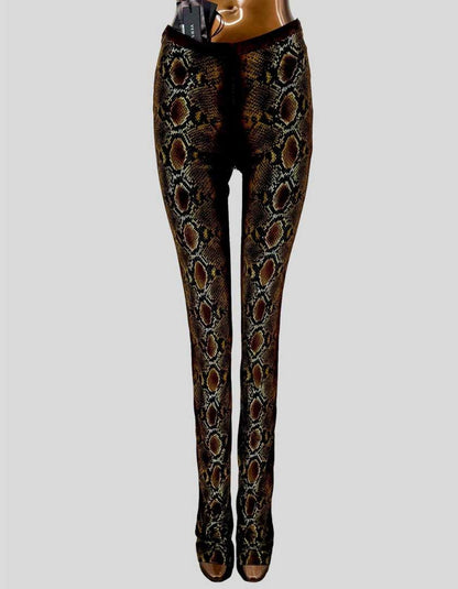Authentic Versace python print leggings featuring all-over snake skin pattern in brown, gold, and black tones. Luxurious stretch fabric with signature Versace fit, high-rise waistband. 