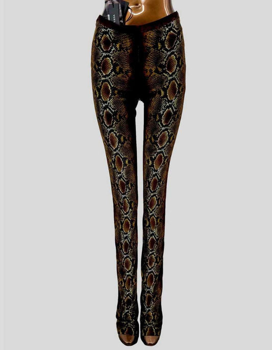 Authentic Versace python print leggings featuring all-over snake skin pattern in brown, gold, and black tones. Luxurious stretch fabric with signature Versace fit, high-rise waistband. 