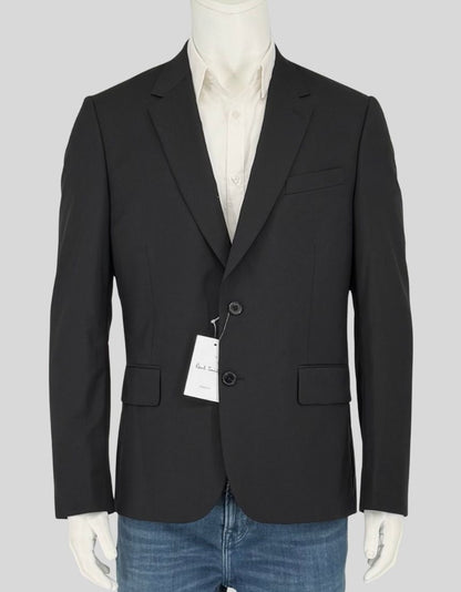 PAUL SMITH black blazer in the modern SOHO fit featuring signature contrast lining in cobalt blue and burnt orange. Italian-made from luxurious wool-mohair blend with two-button closure, notched lapels, and flap pockets. The SOHO fit offers a tailored waist and slightly shorter body length.