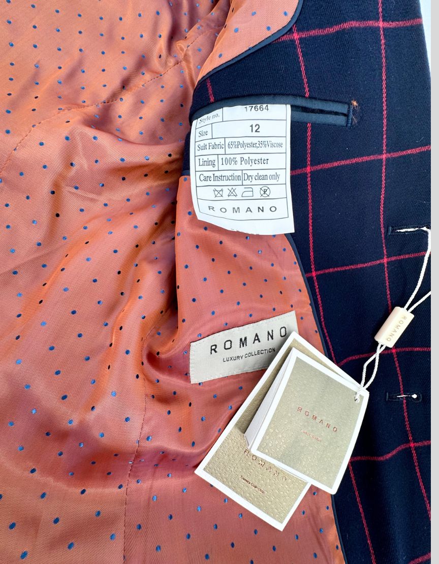 ROMANO LUXURY COLLECTION Navy Windowpane Three-Piece Suit w/ Tags - 12Y US