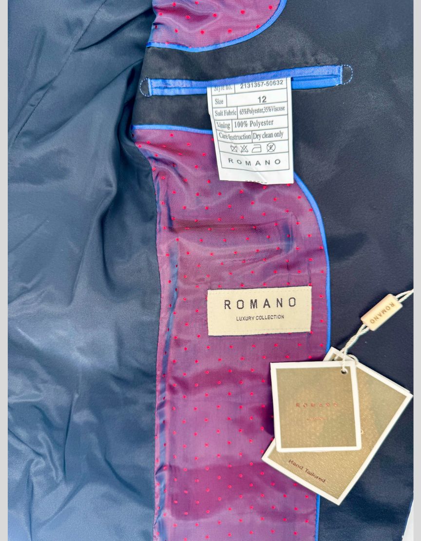 ROMANO LUXURY COLLECTION Navy Polka Dot Three-Piece Tuxedo Suit w/ Tags - 12Y US