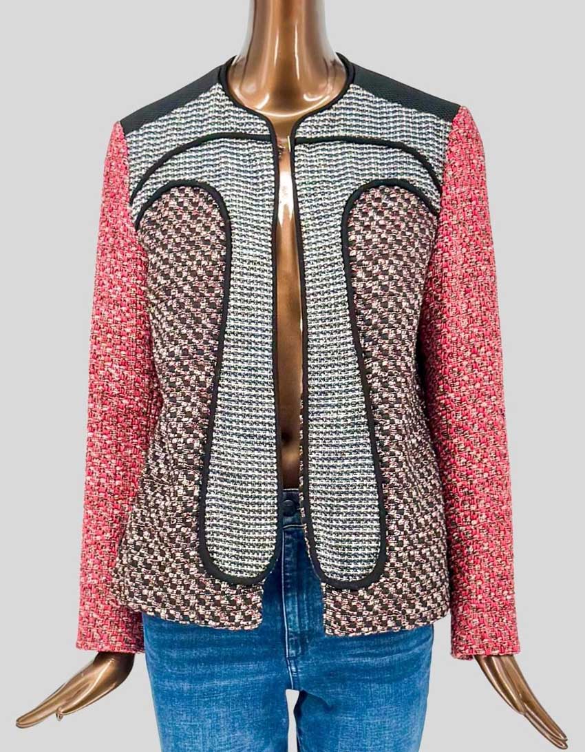 MISSONI mixed-media tweed blazer featuring colorblock design in coral pink, brown houndstooth, and cream/navy textured panels. Black trim outlines each section. Collarless design with concealed front closure. 