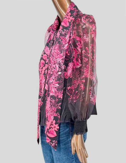 ALICE + OLIVIA Pink Floral Tie-Neck Blouse - Medium