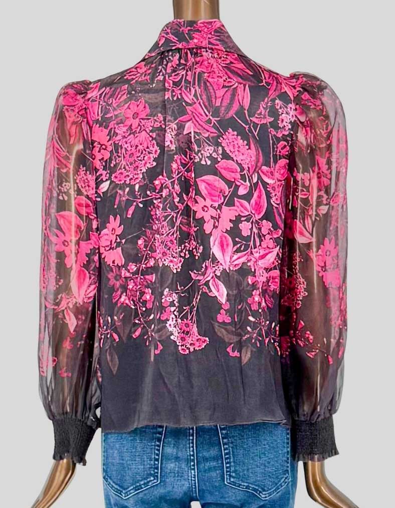 ALICE + OLIVIA Pink Floral Tie-Neck Blouse - Medium