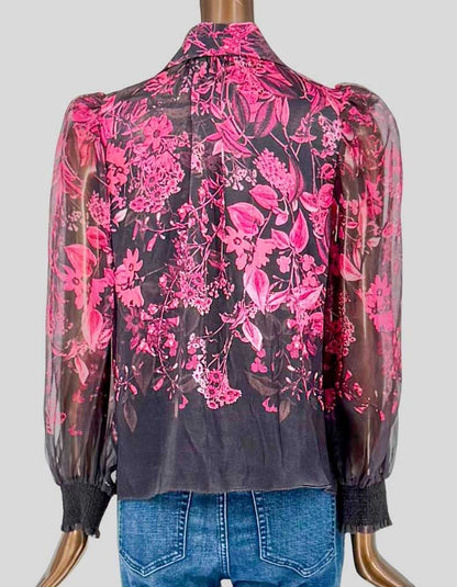 ALICE + OLIVIA Pink Floral Tie-Neck Blouse - Medium