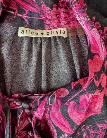 ALICE + OLIVIA Pink Floral Tie-Neck Blouse - Medium