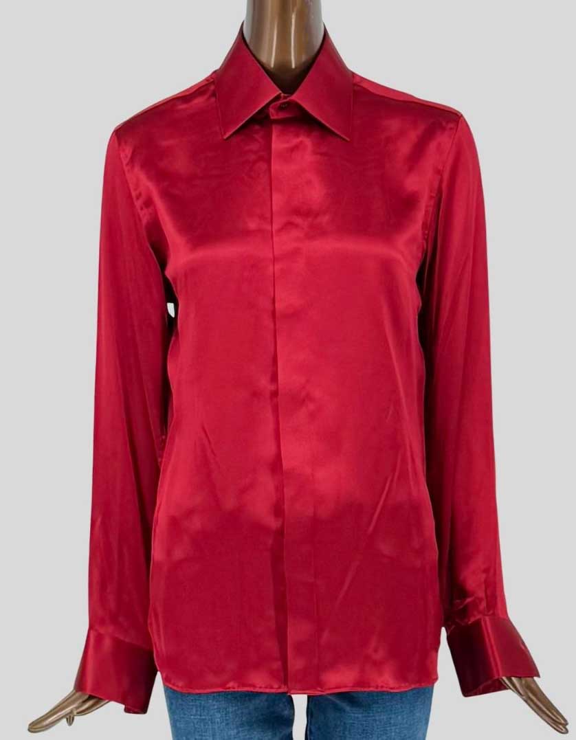 ANTO BEVERLY HILLS luxurious silk charmeuse blouse in vibrant red. Classic tailored silhouette with signature pointed collar. Long sleeves with button cuffs.