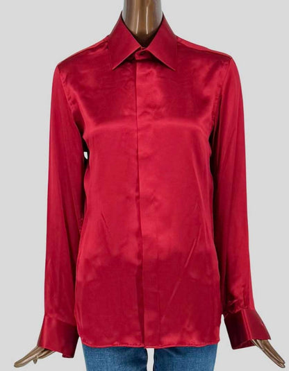 ANTO BEVERLY HILLS luxurious silk charmeuse blouse in vibrant red. Classic tailored silhouette with signature pointed collar. Long sleeves with button cuffs.