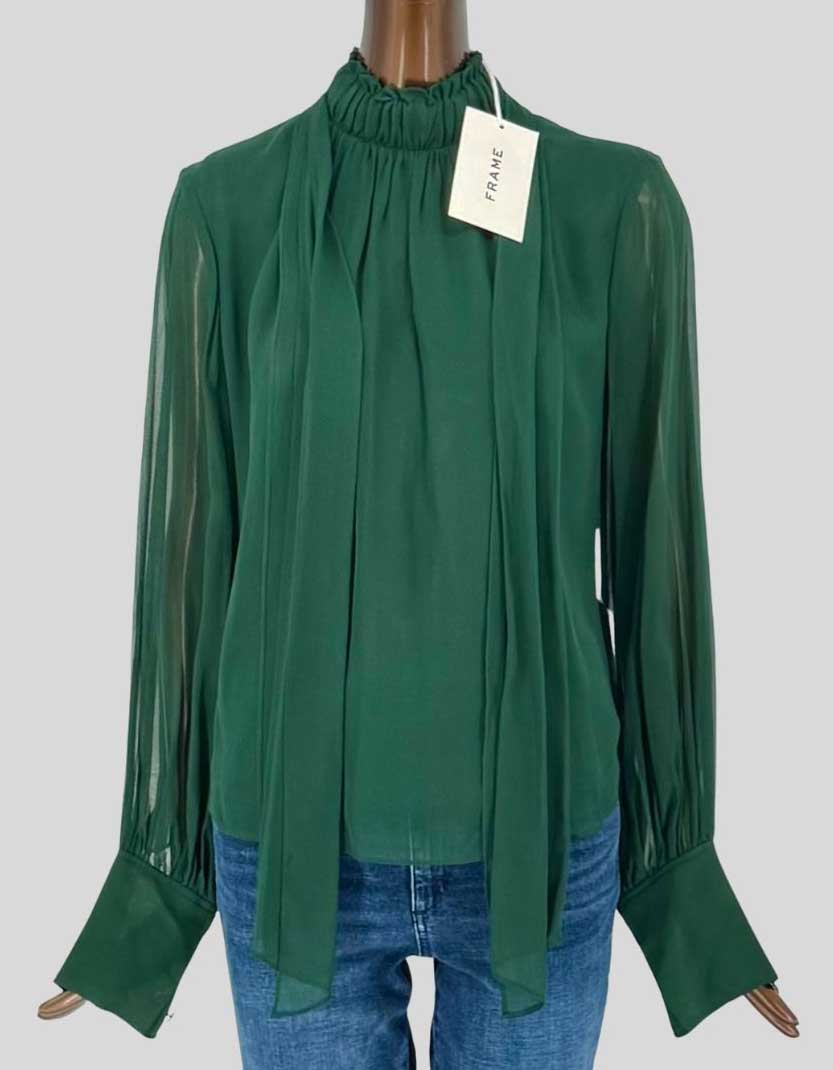 FRAME Emerald Green Silk Tie-Neck Blouse w/ Tags - Small/Petite