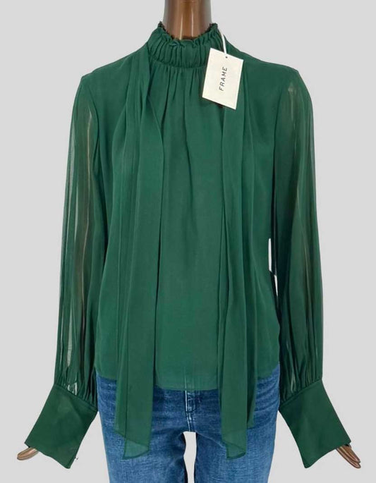 FRAME Emerald Green Silk Tie-Neck Blouse w/ Tags - Small/Petite