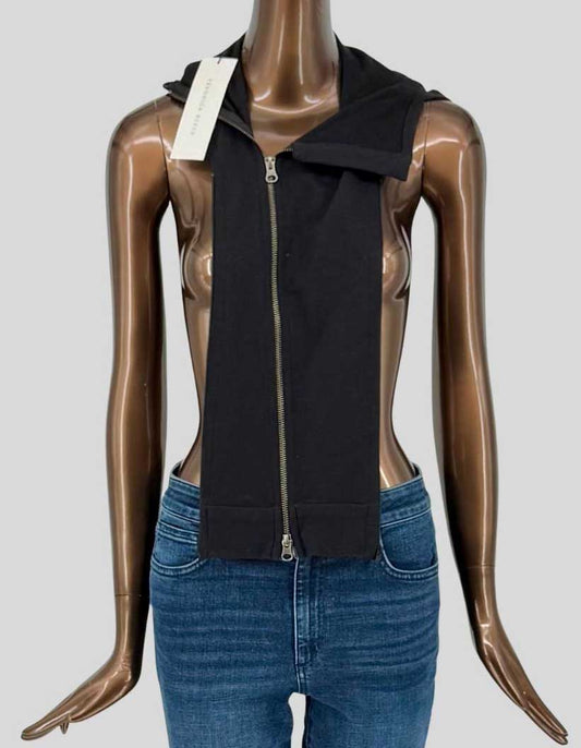 VERONICA BEARD signature Doni Dickey vest in classic black. Features funnel collar, full zip-front closure with dual silver-tone zippers, and sleeveless design. Cotton-blend construction with ribbed side panels for fitted silhouette. 