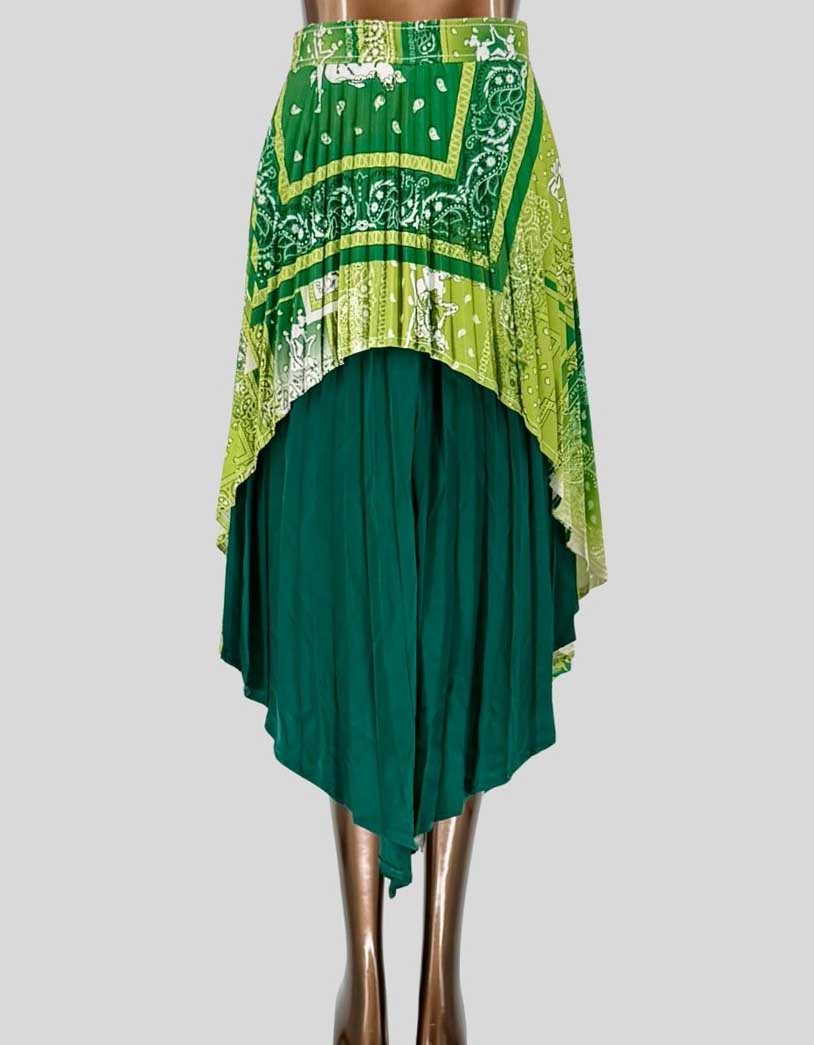 THEBE MAGUGU's Sisterhood Bandana skirt features an asymmetric high-low hemline with bandana-print overlay atop a solid teal plissé pleated underskirt. Side zip closure.