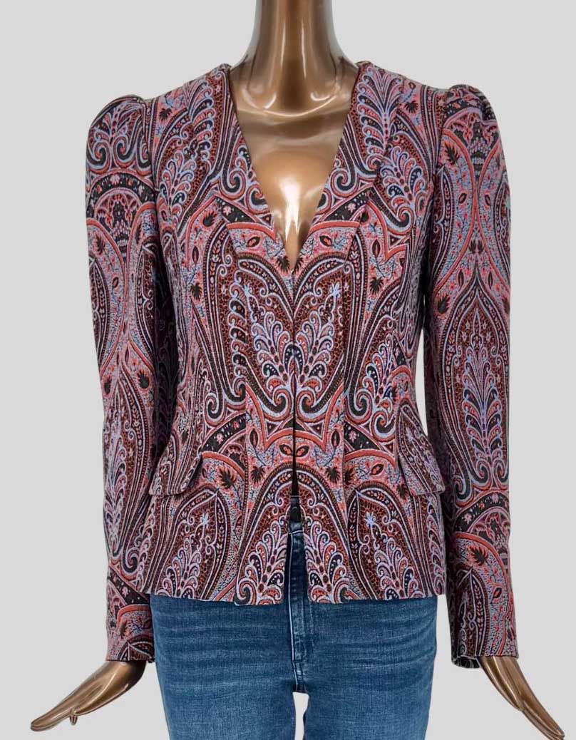 SANTORELLI's tailored blazer in a rich paisley print featuring coral, burgundy, black, and blue tones. Deep V-neckline with hook closure, subtle puff shoulders, flap pockets, and fitted silhouette. Fully lined