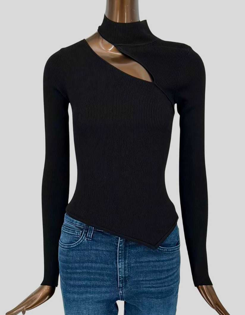 CULT GAIA fitted ribbed knit top features a mock neckline with a diagonal cutout across the chest, accented by the brand's signature gold-tone hardware plaque. Long sleeves, body-conscious fit, and an asymmetric pointed hem