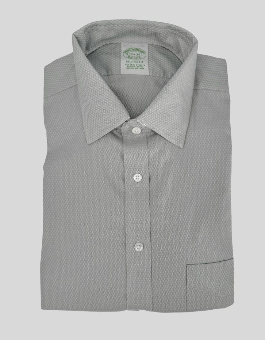 BROOKS BROTHERS Milano Fit dress shirt in light gray features a subtle diamond texture pattern. Non-iron stretch Supima cotton for easy care and all-day comfort. Point collar, button front, barrel cuffs, chest pocket. 