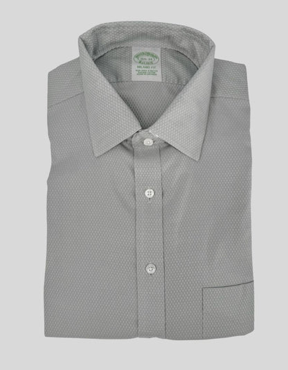 BROOKS BROTHERS Milano Fit dress shirt in light gray features a subtle diamond texture pattern. Non-iron stretch Supima cotton for easy care and all-day comfort. Point collar, button front, barrel cuffs, chest pocket. 