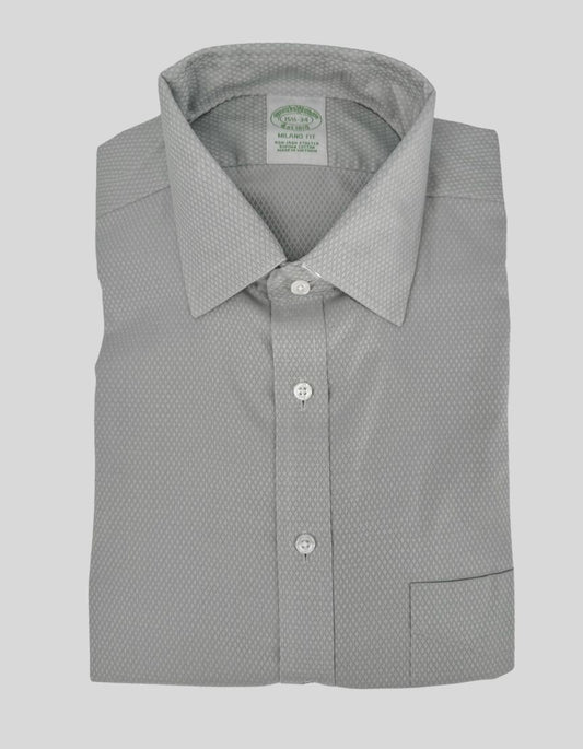 BROOKS BROTHERS Milano Fit dress shirt in light gray features a subtle diamond texture pattern. Non-iron stretch Supima cotton for easy care and all-day comfort. Point collar, button front, barrel cuffs, chest pocket. 