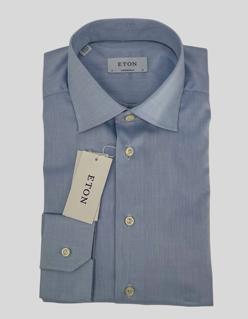 ETON Contemporary Fit dress shirt in classic light blue with a fine twill weave. Spread collar, button front, adjustable barrel cuffs.
