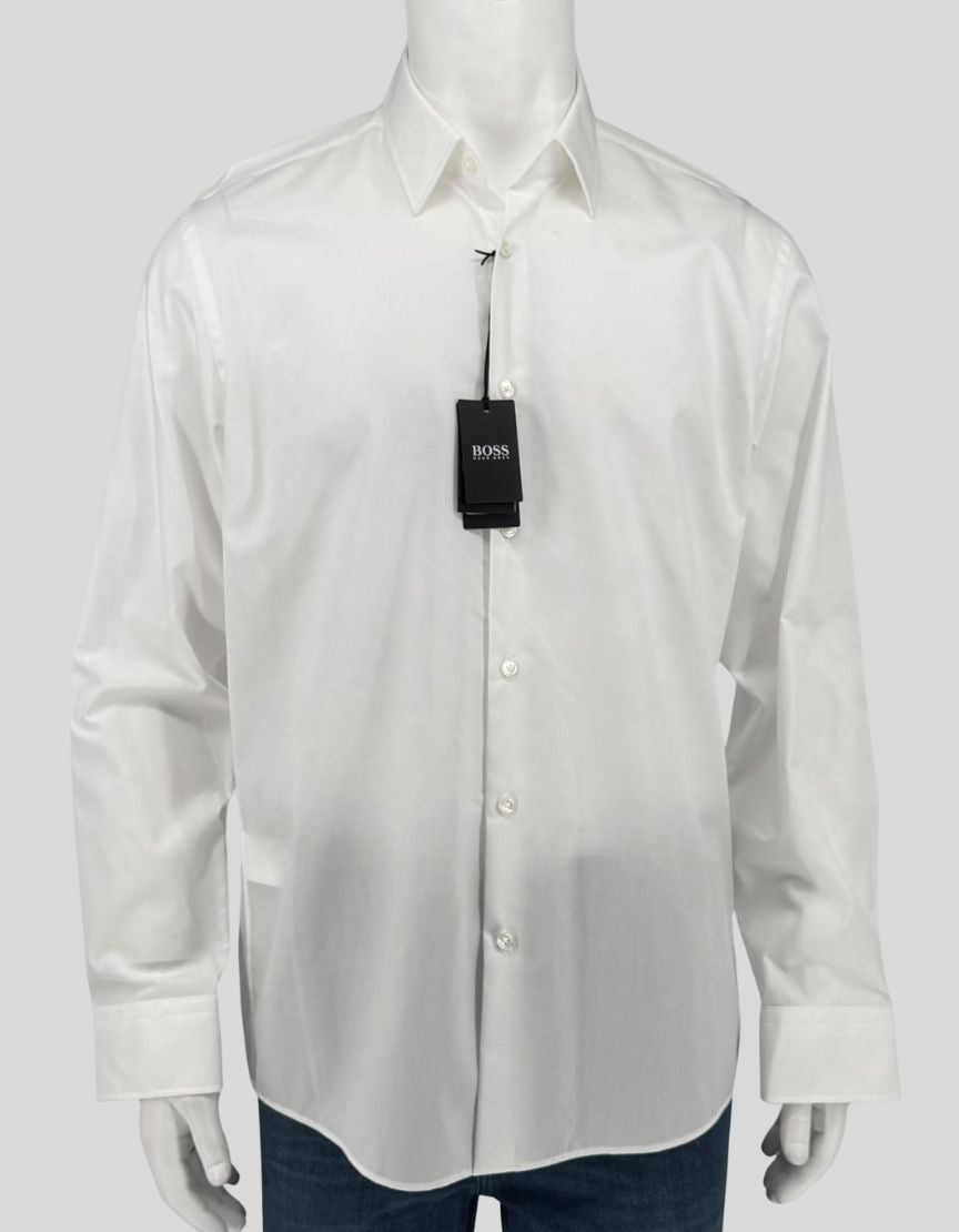 HUGO BOSS Regular Fit dress shirt in crisp white. Point collar, button front, barrel cuffs. Clean, versatile design perfect for business or formal occasions.