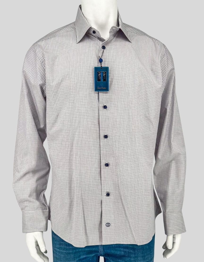 DAVID DONAHUE Trim Fit dress shirt in a refined white and bark micro check pattern. Contrast navy buttons add a distinctive touch. Spread collar, button front, barrel cuffs. 