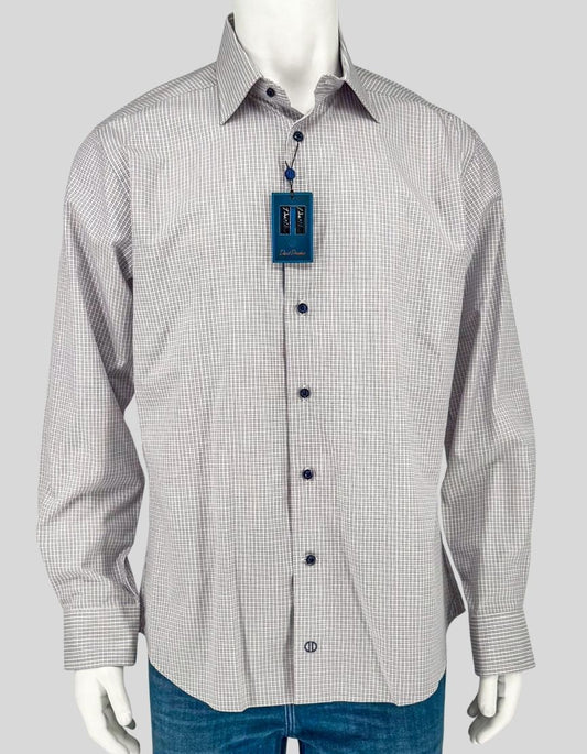 DAVID DONAHUE Trim Fit dress shirt in a refined white and bark micro check pattern. Contrast navy buttons add a distinctive touch. Spread collar, button front, barrel cuffs. 