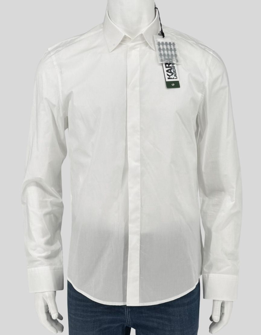 KARL LAGERFELD sleek white dress shirt with concealed button placket for a clean, minimalist look. Point collar, long sleeves, barrel cuffs. 