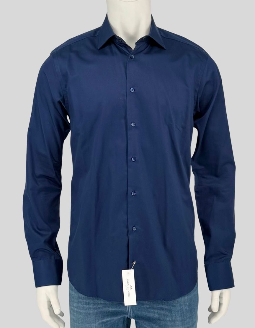 JOHN HENRIC sleek navy blue dress shirt with a clean, modern silhouette. Point collar, tone-on-tone buttons, button front, barrel cuffs. 