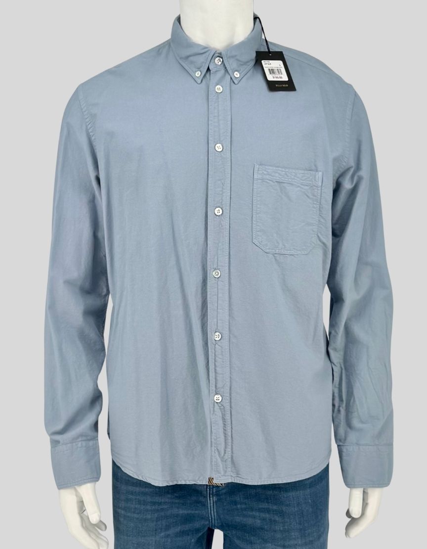 BILLY REID signature Tuscumbia washed oxford shirt in light blue. Button-down collar, button front, chest patch pocket, barrel cuffs. Soft, broken-in feel from the washed cotton oxford fabric. 