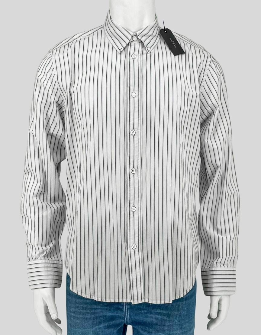 RAG & BONE's signature Tomlin shirt in blue multi stripe. Classic vertical stripe pattern in blue and gray on white. Button-down collar, button front, barrel cuffs. Fit 2 is the brand's slim, tailored silhouette. 