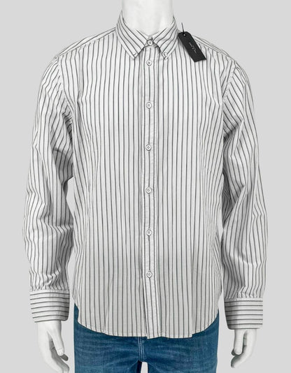 RAG & BONE's signature Tomlin shirt in blue multi stripe. Classic vertical stripe pattern in blue and gray on white. Button-down collar, button front, barrel cuffs. Fit 2 is the brand's slim, tailored silhouette. 