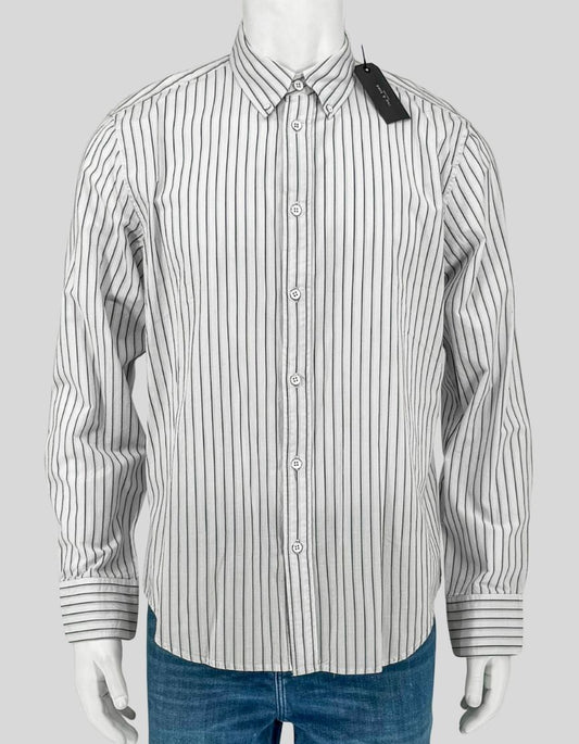 RAG & BONE's signature Tomlin shirt in blue multi stripe. Classic vertical stripe pattern in blue and gray on white. Button-down collar, button front, barrel cuffs. Fit 2 is the brand's slim, tailored silhouette. 