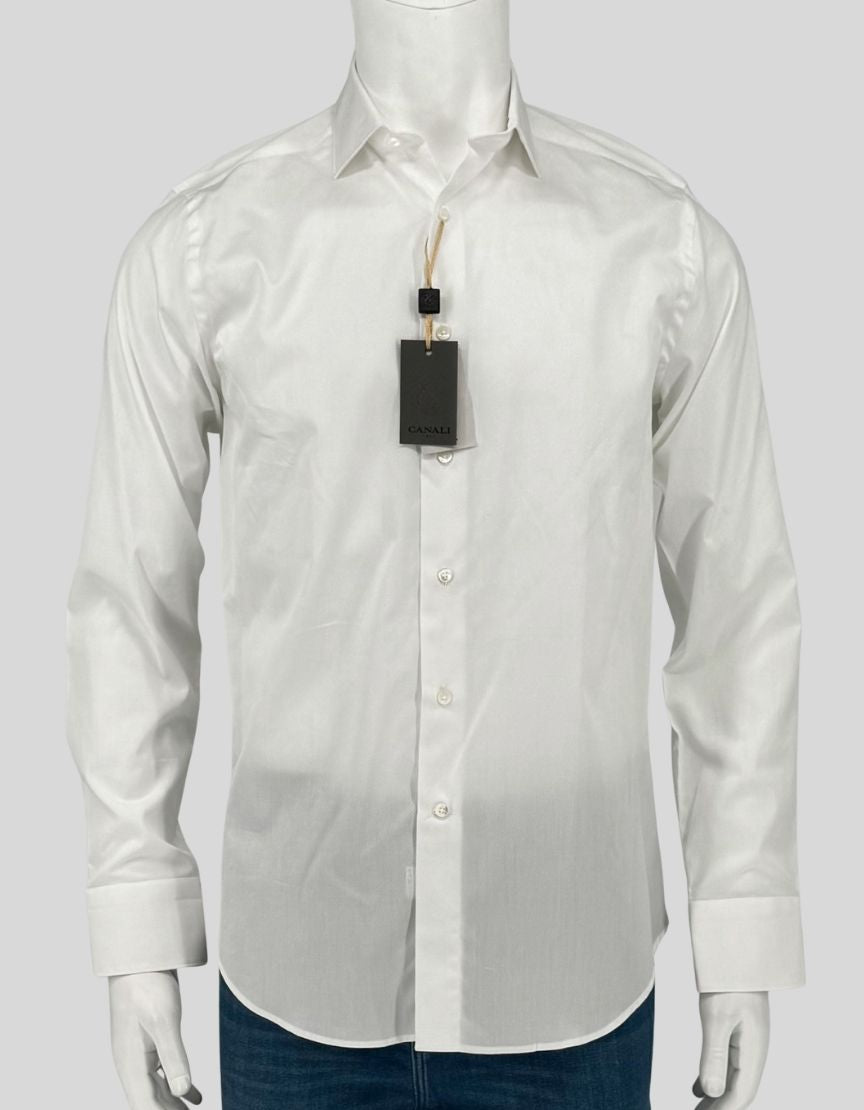  CANALI white dress shirt in crisp 100% cotton. Point collar, button front, barrel cuffs. Modern Fit offers a comfortable, classic silhouette. 