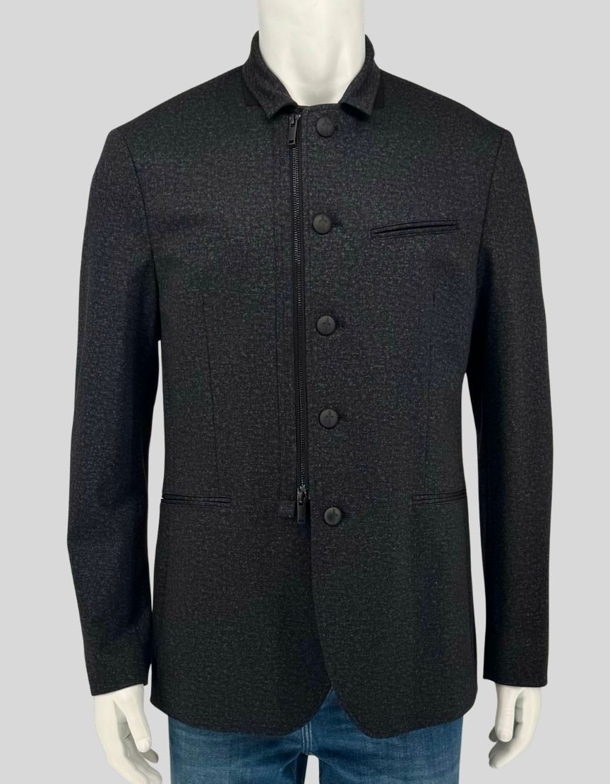 JOHN VARVATOS U.S.A. hybrid jacket in charcoal heather. Modern point collar, dual closure with concealed zipper and button-front placket, three welt pockets. Signature branded lining. A