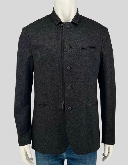 JOHN VARVATOS U.S.A. hybrid jacket in charcoal heather. Modern point collar, dual closure with concealed zipper and button-front placket, three welt pockets. Signature branded lining. A