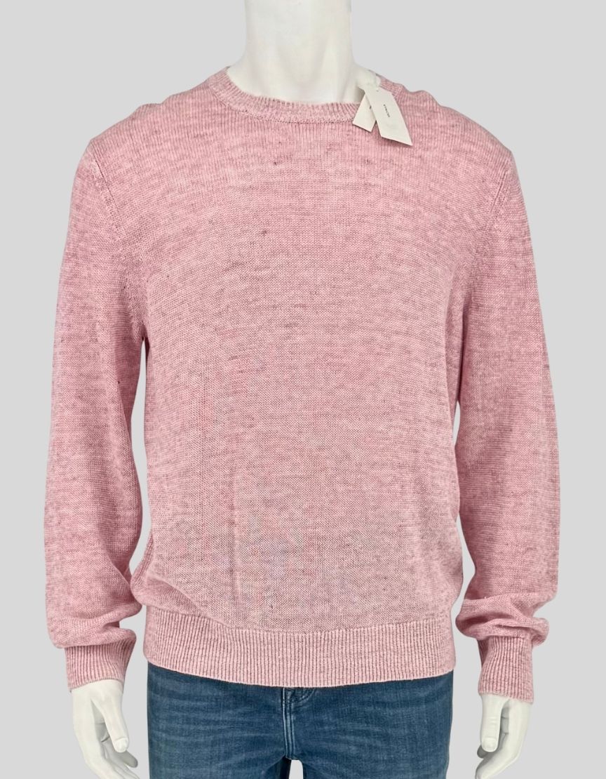 VINCE pink heather crewneck sweater in lightweight linen knit. Relaxed silhouette, ribbed trim at neck, cuffs, and hem, long sleeves. The soft marled texture brings effortless warm-weather sophistication. 