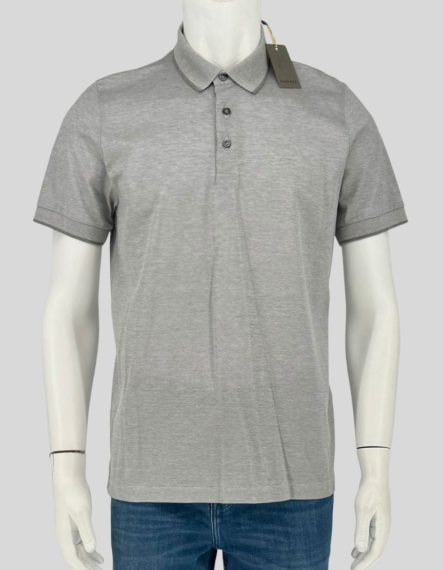 CANALI grey polo shirt in 100% cotton piqué. Three-button placket, short sleeves, ribbed collar and sleeve trim. 