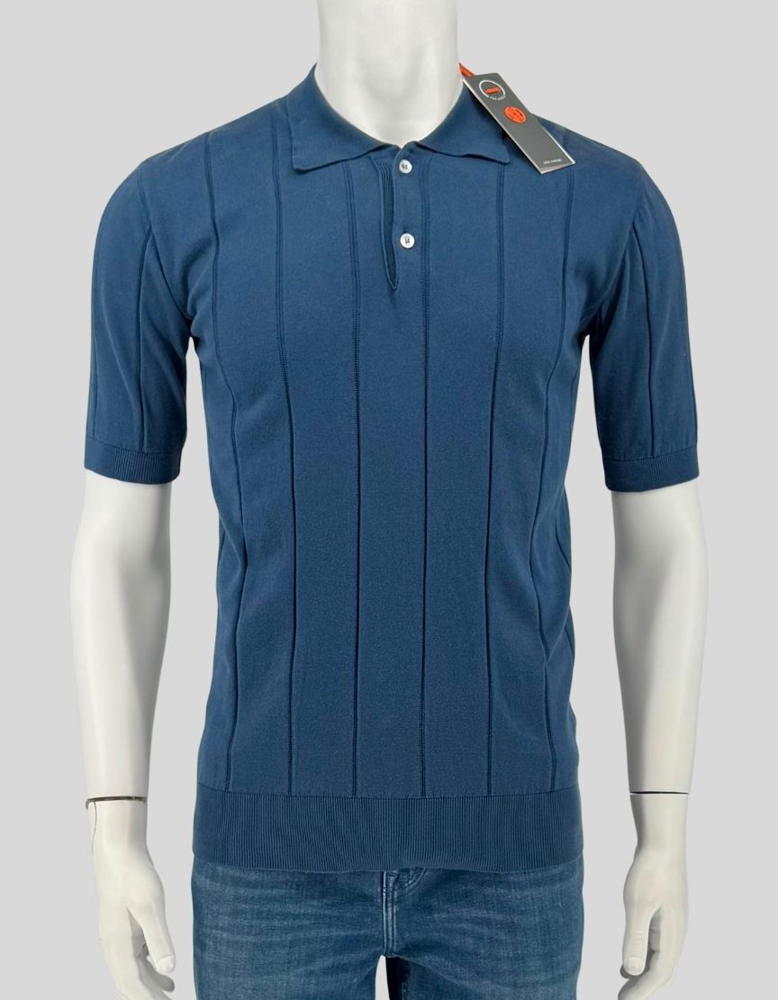 FAR AFIELD Jacobs polo in navy with distinctive vertical rib texture. Fine-gauge organic cotton knit, two-button placket, ribbed cuffs and hem, short sleeves.